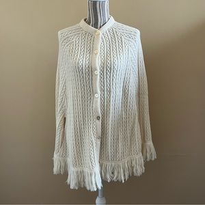 Vintage Sally Gee Women’s Cream Knit Boho Hippie Button Up Poncho Fit Up To XL